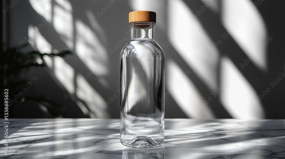 Poster a clear glass water bottle with a wooden lid stands upright on a marble table. sunlight filters thro