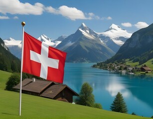 swiss flag near the lake and mountains in the background