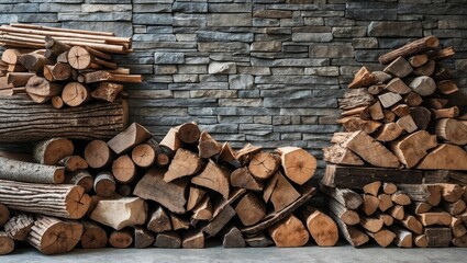 Wood pile in varying shades of brown beside a textured stone wall in gray hues, creating a rustic atmosphere for wallpaper design.