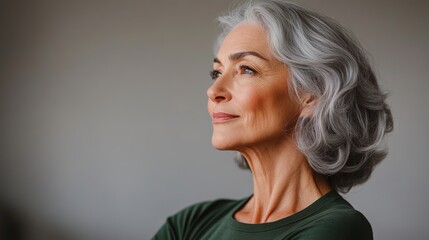 Woman with gray hair is looking at the camera