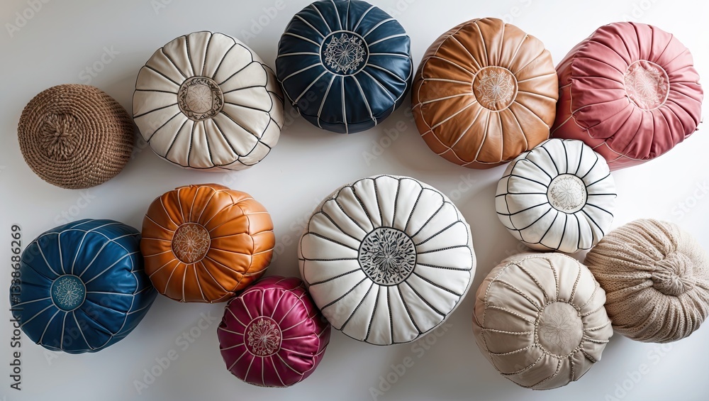 Poster colorful assortment of poufs in various sizes and textures arranged artfully on a white background s