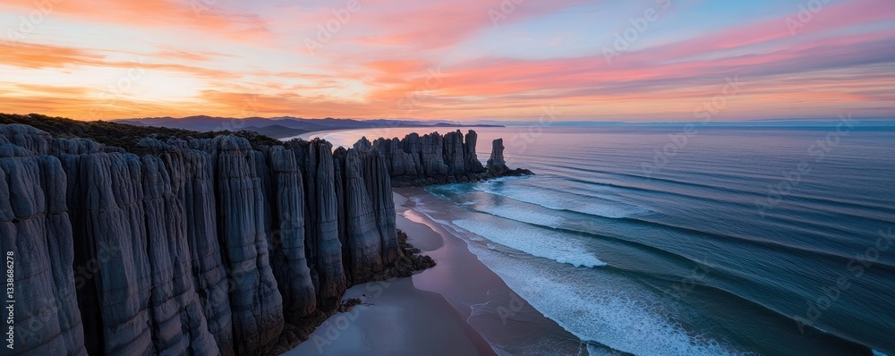 Poster seaside cliffs landscapes idea. breathtaking coastal view at sunset, with cliffs and gentle waves il