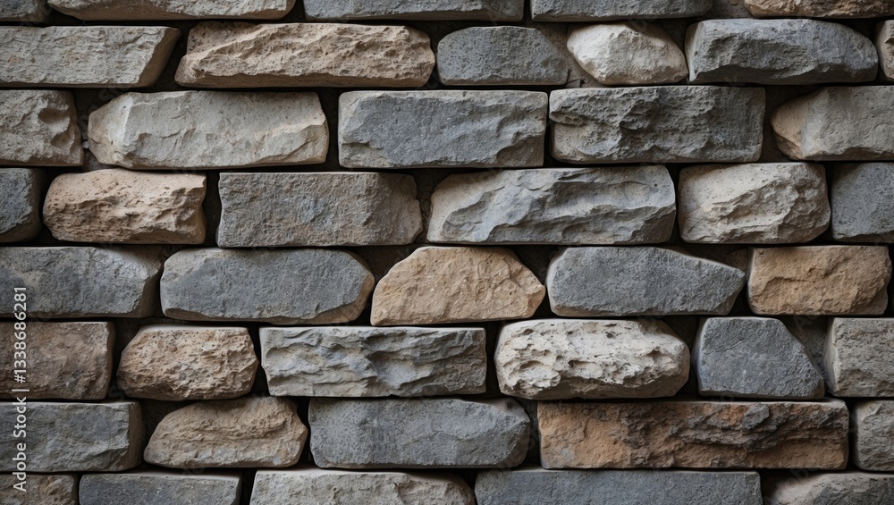 Poster textured stone wall featuring a blend of gray and beige stones, arranged in a staggered pattern with
