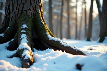 The roots of an ancient tree peek from the snowy ground, tree trunks, tree bark, woodsy