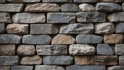 Textured stone wall featuring a blend of gray and beige stones, arranged in a staggered pattern with varying shapes and sizes for a rustic backdrop.