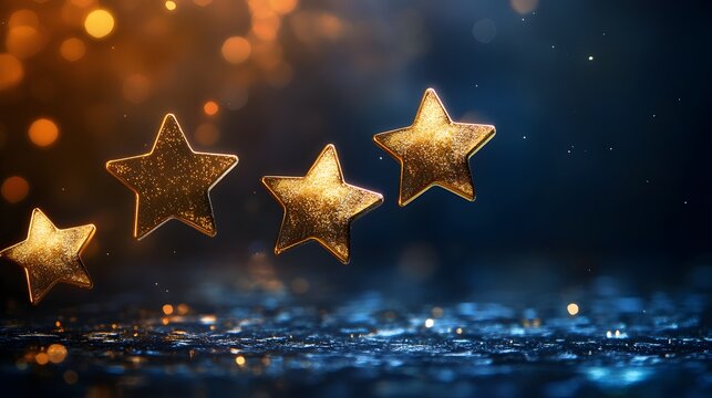 5. A glowing, interactive web page with five golden stars floating above a satisfaction survey form, smooth user experience design