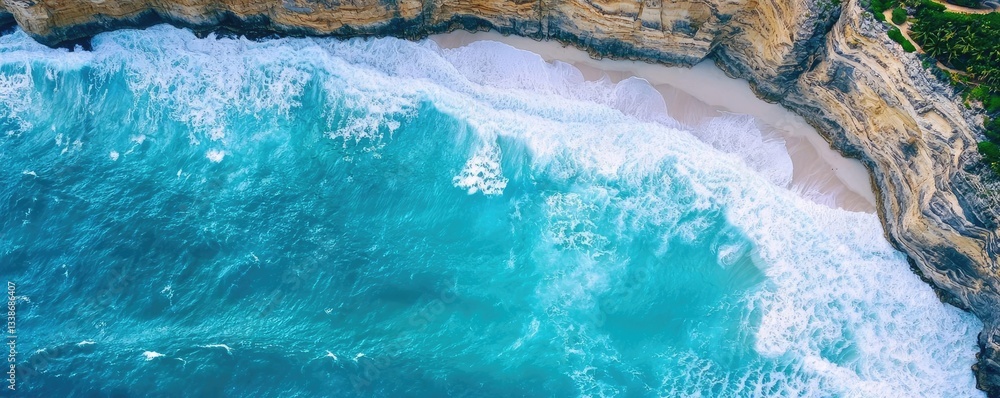 Poster seaside cliffs landscapes idea. aerial view of turquoise ocean waves crashing on a sandy beach with 