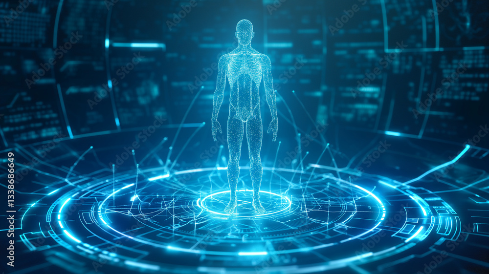 Poster this digital model of a human figure highlighting genetic tweaks for improved longevity.