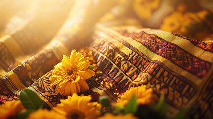 Vibrant kente cloth with golden beads and marigolds, celebrating African Liberation Day with warmth and intricate beauty.
