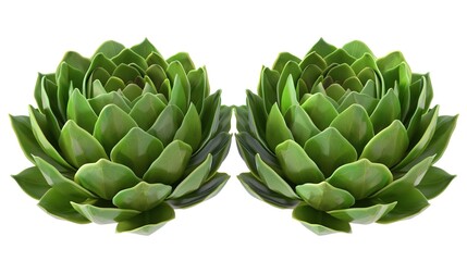 Fototapeta premium Two fresh green artichokes that have layered leaves and thick stems are isolated on a white background, showcasing a creation from Generative AI. The artichokes' unique structure and vibrant green 