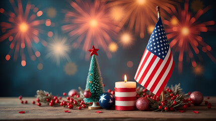 American Flag Celebration with Fireworks and Festive Decor