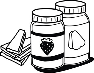 Black and White Illustration of Jam and Spread Jars on Checkered Tablecloth