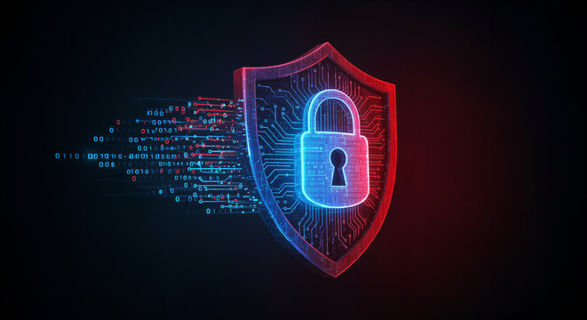 Cybersecurity shield with AI iconography: glowing lock protected by binary code streams, red vs. blue contrast, dynamic angles for posters or cybersecurity campaigns