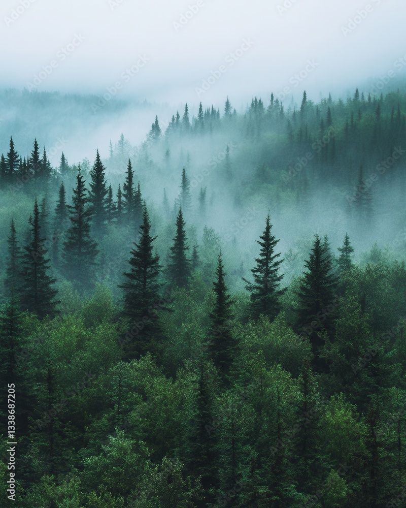Poster misty forest canopy view of evergreen trees with dense fog and atmospheric haze in a tranquil wilder