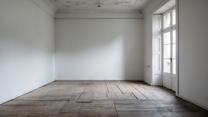 Empty white room with wooden floor and large window on the right, soft natural light illuminating the spacious, minimalist environment.