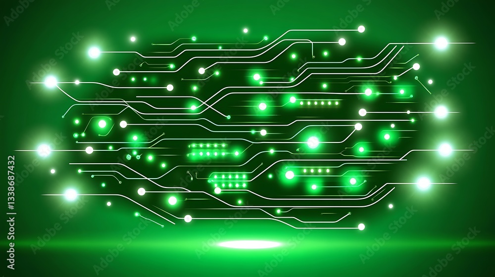 Poster emerald circuit board concept with glowing nodes and streamlined pathways