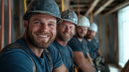 A group of professional construction workers smiling cheerfully in a busy job site, showcasing teamwork, camaraderie, and dedication in their environment.