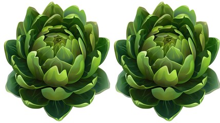 Obraz premium Two fresh green artichokes that have layered leaves and thick stems are isolated on a white background, showcasing a creation from Generative AI. The artichokes' unique structure and vibrant green 