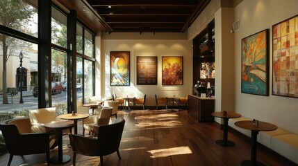 Fototapeta premium Modern cafe interior with city views