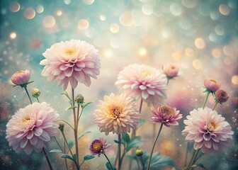 Fototapeta premium Vintage Pastel Flower Illustrations, Foggy Textured Background, Bokeh Effect Stock Photo