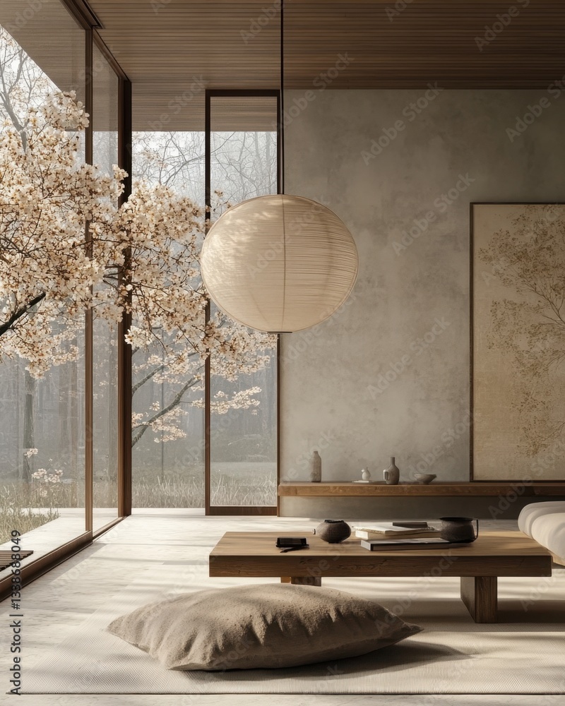 Aufkleber serene interior with blossoming tree view and minimalist design creating a tranquil and peaceful atm