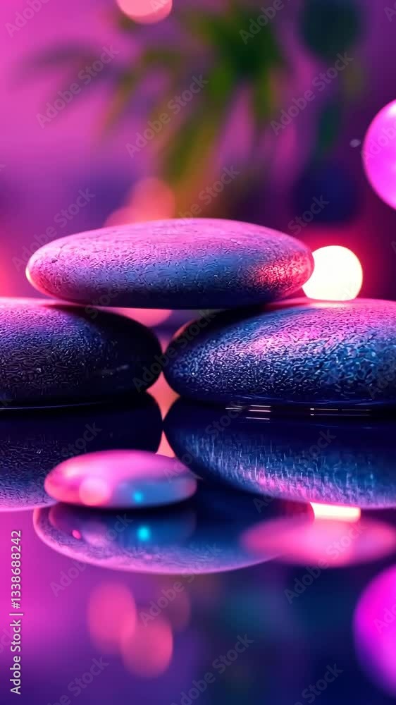 Poster tranquil stones resting in a serene setting with colorful lighting and reflections