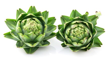 Obraz premium Two fresh green artichokes that have layered leaves and thick stems are isolated on a white background, showcasing a creation from Generative AI. The artichokes' unique structure and vibrant green 