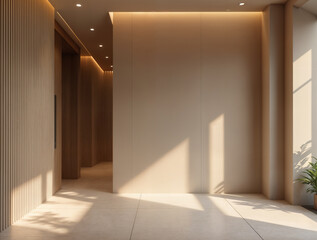 A modern interior with light-colored walls and floors, a wooden slatted wall on the left, and natural light streaming in, creating a serene ambiance.