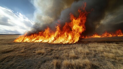 Flames spread rapidly across grassy plains, juxtaposed against a bright sky, reflecting the duality of nature’s beauty and its potential for destruction through fire.