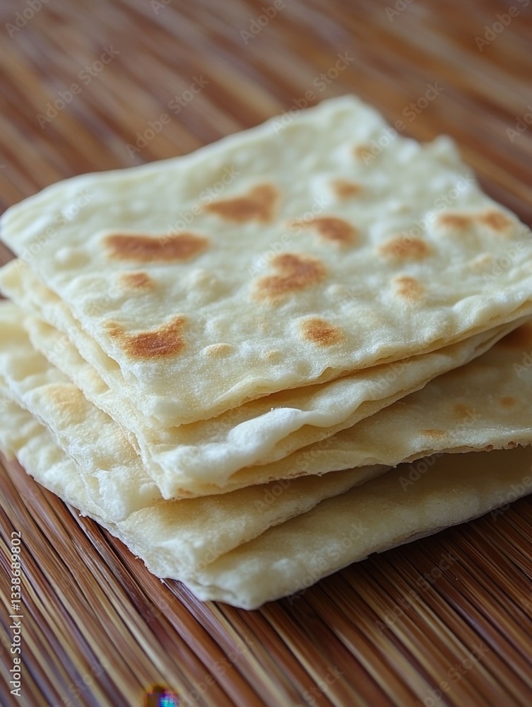 Poster stack of homemade flatbreads on bamboo surface capturing culinary simplicity and rustic charm in war