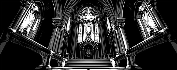 Gothic cathedral interior with stained glass and majestic arches in black and white.