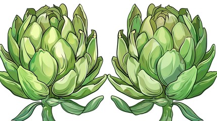 Two fresh green artichokes that have layered leaves and thick stems are isolated on a white background, showcasing a creation from Generative AI. The artichokes' unique structure and vibrant green 