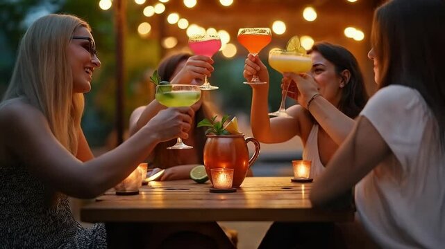 Brindis entre amigas con c&oacute;cteles en una cena al aire libre con luces c&aacute;lidas