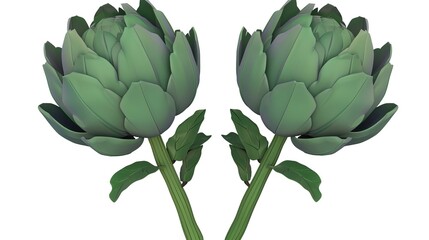 Two fresh green artichokes that have layered leaves and thick stems are isolated on a white background, showcasing a creation from Generative AI. The artichokes' unique structure and vibrant green 