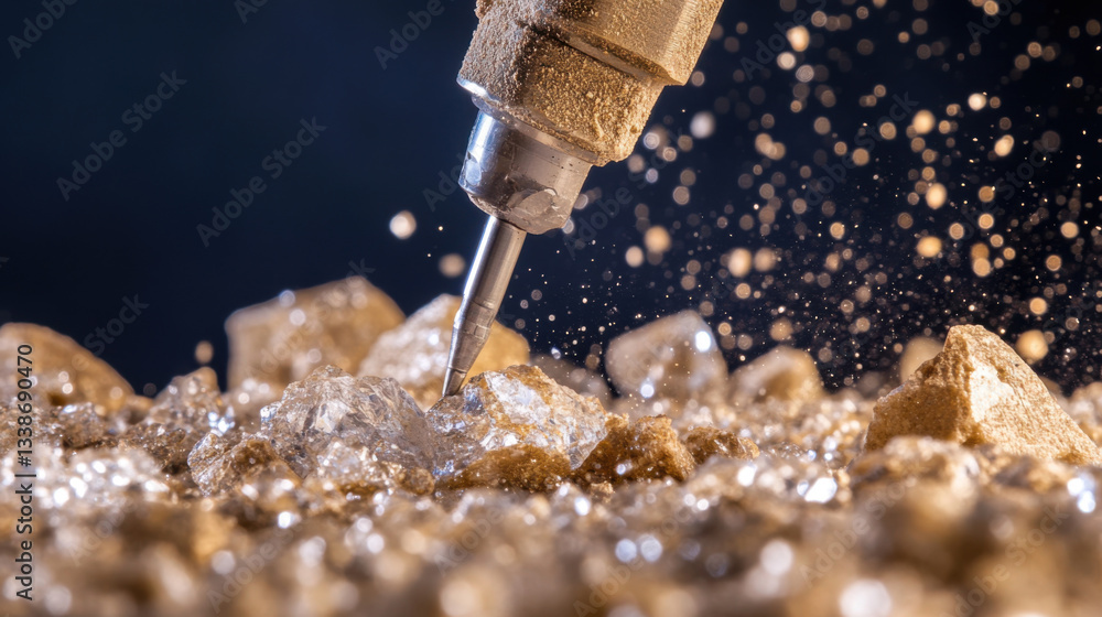 Poster slow motion view of drill bit carving through rock, creating mesmerizing display of dust and debris.