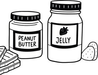 Black and White Illustration of Jam and Spread Jars on Checkered Tablecloth