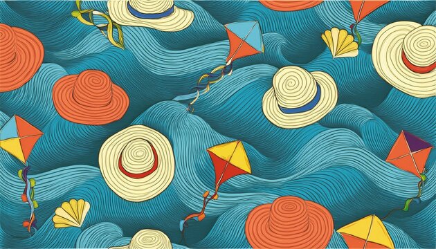 A lively pattern with breezy ocean waves, kites, and beach hats &mdash; capturing the essence of a fun, sunny day at the beach.
