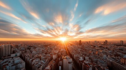 A picturesque sunset unfolds over a bustling city, where radiant beams of light symbolize dreams, aspiration, and the beauty of urban life embraced by nature.
