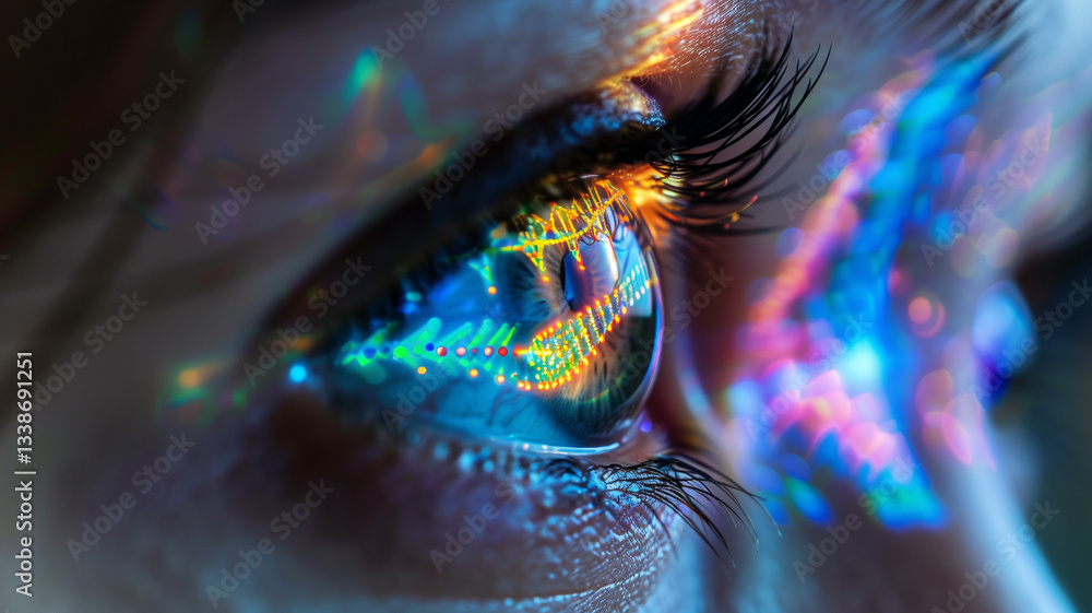 Poster this close-up of a colorful eye showcasing advanced genetic modifications.