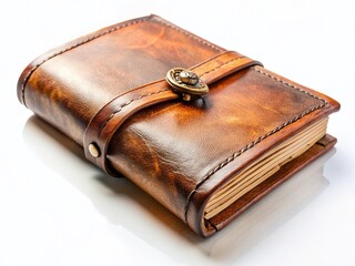 Vintage Leather Journal, Clasp Closure, White Background - Stock Photo