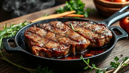 Delicious Grilled Steaks in a Cast Iron Pan with Herbs and Juice