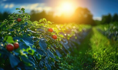 Harvesting fresh tomatoes at sunrise in a vibrant garden