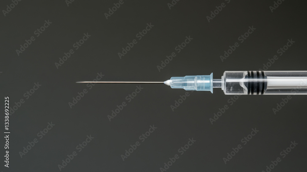 Poster close up view of syringe with fine needle, showcasing its sharp tip and transparent barrel. this hig