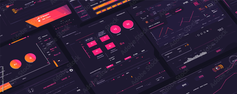 Poster futuristic dark mode data dashboards with infographics and charts display.