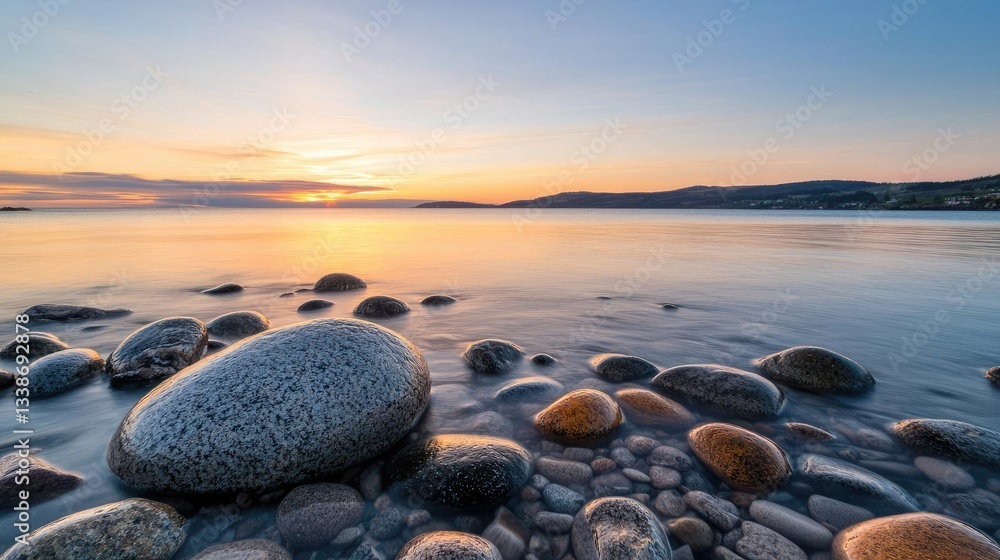 Poster beach waves landscapes idea. serene view of smooth stones by calm water during sunset, creating a tr