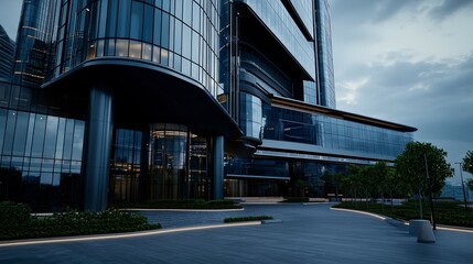Fototapeta premium Showcasing innovative modern architecture urban cityscape evening light low angle viewpoint design excellence