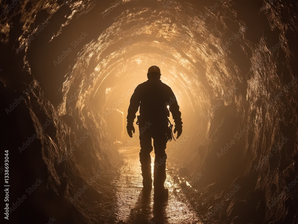 Poster silhouette of a miner walking through a dark tunnel with a light at the end in a foggy environment