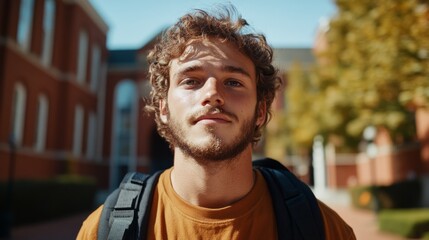Obraz premium This image shows a young man with a beard, wearing a backpack, outdoors during daylight.