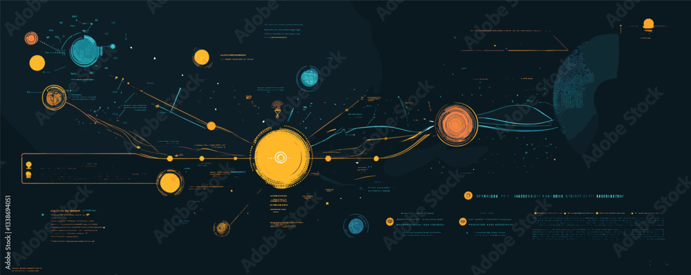 Poster futuristic data visualization infographic with connections and diagrams on dark background.