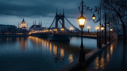 Fototapeta premium Nighttime illuminated view of the chain bridge budapest cityscape tranquil atmosphere captivating perspective